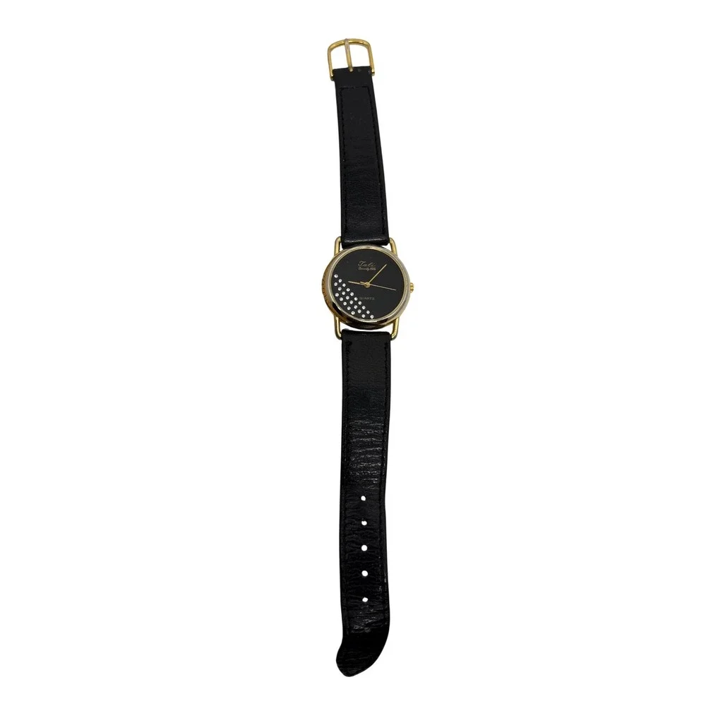 1980s Tali Beverly Hills Watch Rhinestone Accent Gold Tone Black‎ Face Quartz